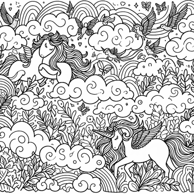 Unicorns Clouds Coloring Page