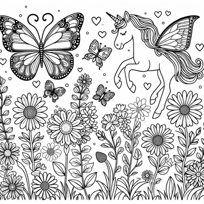 Butterflies Flowers Unicorns Coloring Page