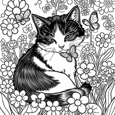 Tricolor Cat Curled Up Playing With A Butterfly... Coloring Page