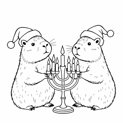 Cute Capybaras With Santa Hats Lighting A Menorah Coloring Page