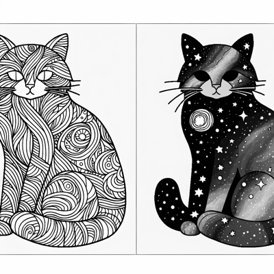 Rainbow Cat And Galaxy Cat Together Coloring Page