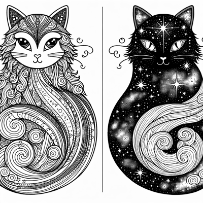 Rainbow Cat And Galaxy Cat Together Coloring Page
