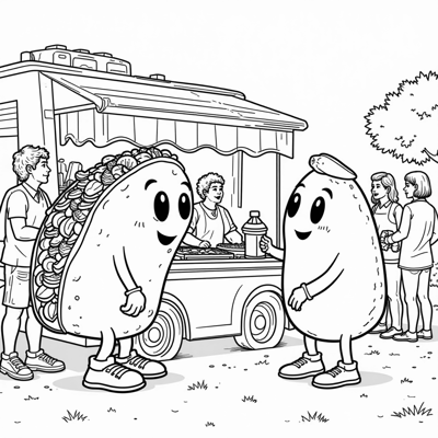 A Taco Talking To A Burrito Coloring Page