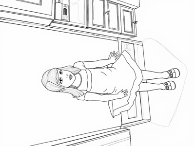 A Young Girl Is Standing In A Kitchen Wearing A... Coloring Page