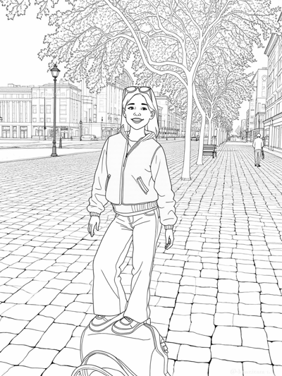 A Girl Is Standing On A Sidewalk Posing For A... Coloring Page
