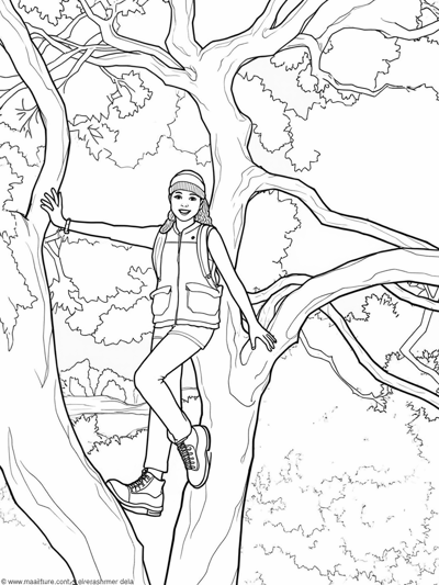 A Girl Is Sitting In A Tree. Coloring Page