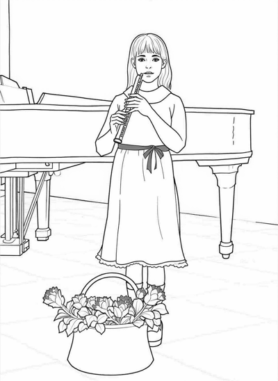 A Young Girl Is Standing In Front Of A Piano... Coloring Page