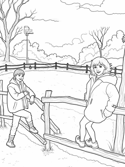 Two Children Standing On A Fence. Coloring Page