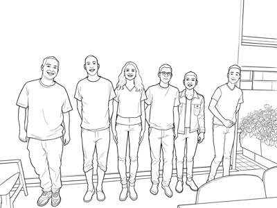 A Group Of Six People Standing Next To Each Other. Coloring Page