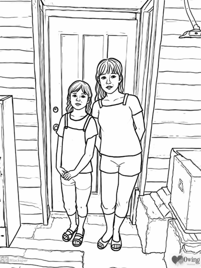 Two Little Girls Standing In Front Of A Door. Coloring Page