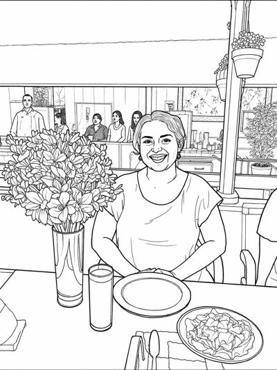 A Woman Is Sitting At A Table With A Plate In... Coloring Page