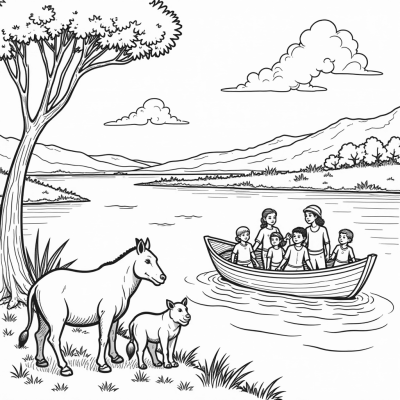 A Peaceful River Scene Where Animals Are Gathered... Coloring Page