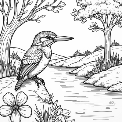 Spring Landscape With A Kingfisher. Coloring Page