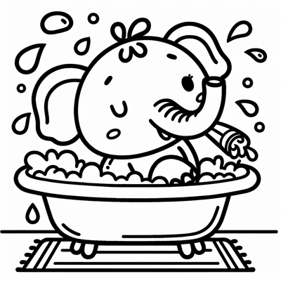 Elephant Blowing Water With Nose In A Bath Coloring Page