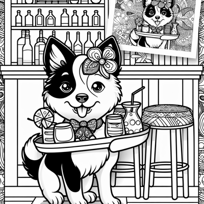Cute Javanese Dog Serving Drinks At A Bar Coloring Page