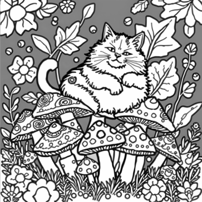 Fat Cat On Mushrooms Coloring Page