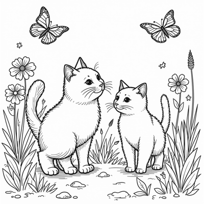 Cats And Butterflies Walking In The Garden Coloring Page