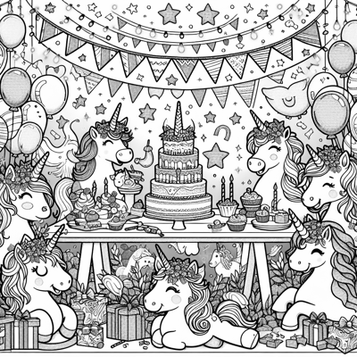 Unicorn Party Coloring Page