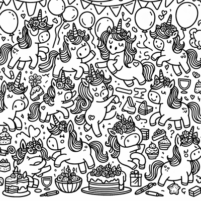 Unicorn Party Coloring Page