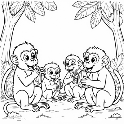 Create An Image Of Several Monkeys Eating Bananas. Coloring Page