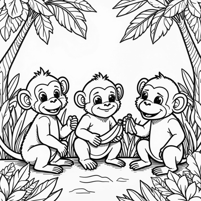 Create An Image Of Several Monkeys Eating Bananas. Coloring Page