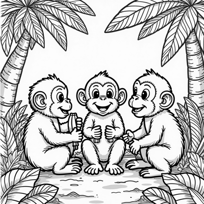 Create An Image Of Several Monkeys Eating Bananas. Coloring Page