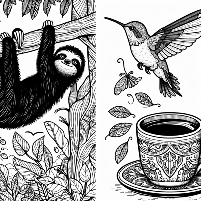 A Split Image With A Sloth Relaxing On A Branch On... Coloring Page
