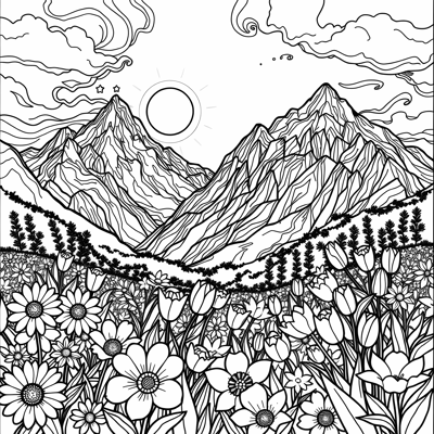 A Beautiful Flower Garden View At The Foot Of The... Coloring Page