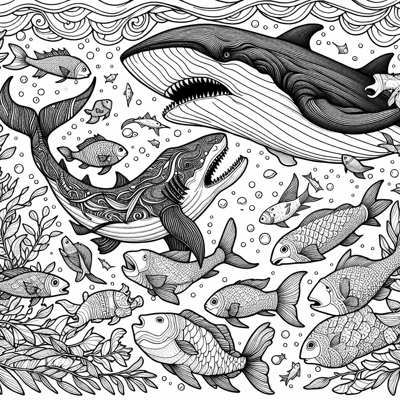 Shark Fighting A Whale While The Fish Cheer From... Coloring Page