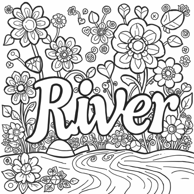 The Name River With Flowers And Hearts Coloring Page