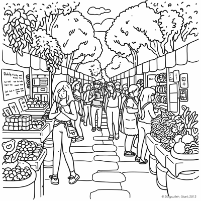 86th Scene Girl Browsing A Weekend Farmers Market... Coloring Page