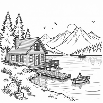 Lake House With Mountains In The Distance And A... Coloring Page