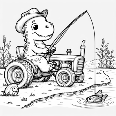 Dinosaur Riding A Tractor While Fishing Coloring Page