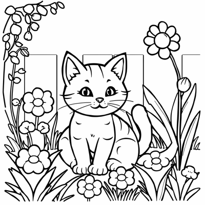 Cat Playing In The Garden Coloring Page