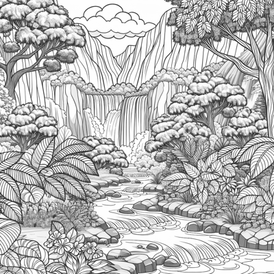 Waterfalls In A Green Miraculous Forest Coloring Page
