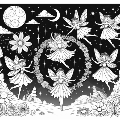 Beautiful Faeries Are Flying And Dancing Around A... Coloring Page