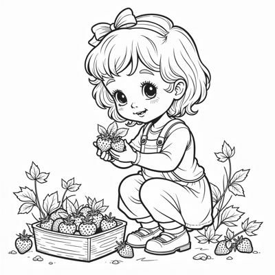 Little Girl Picking Strawberries Coloring Page