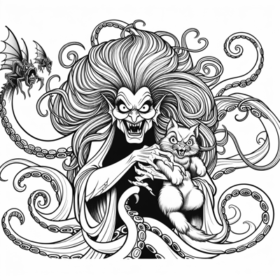 Ursula From The Little Mermaid Holding A Cat Coloring Page