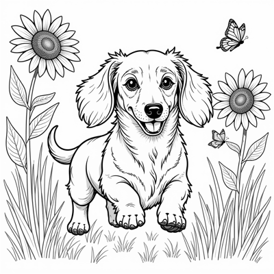 A Serene Scene Depicting A Longhaired Dachshund In... Coloring Page