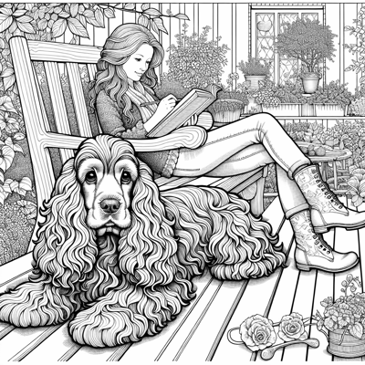 Cocker Spaniel Laying On A Bench Next To An... Coloring Page