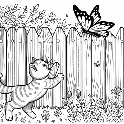 A Cat Chasing A Butterfly On A Fence Coloring Page
