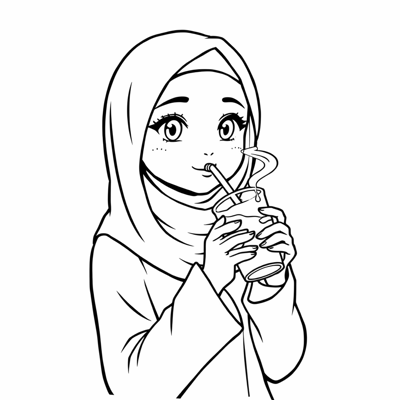 Girl With Hijab Drinking Tea Coloring Page
