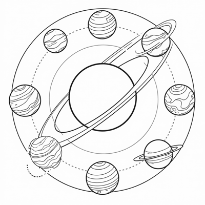 Solar System, Sun In Center And 8 Planets Around Coloring Page