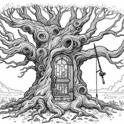 Old Oak Tree That Has A Glass Door In The Trunk... Coloring Page
