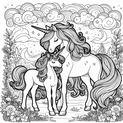 Unicorn With Her Baby Unicorn Coloring Page