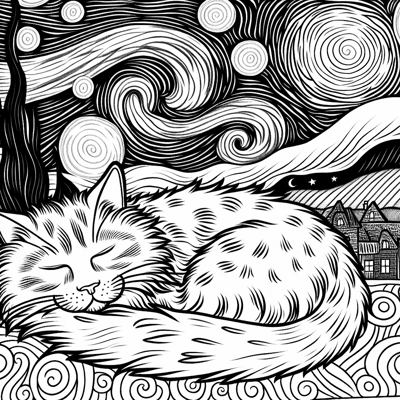 Ginger Longhaired Cat Asleep Designed With Van... Coloring Page