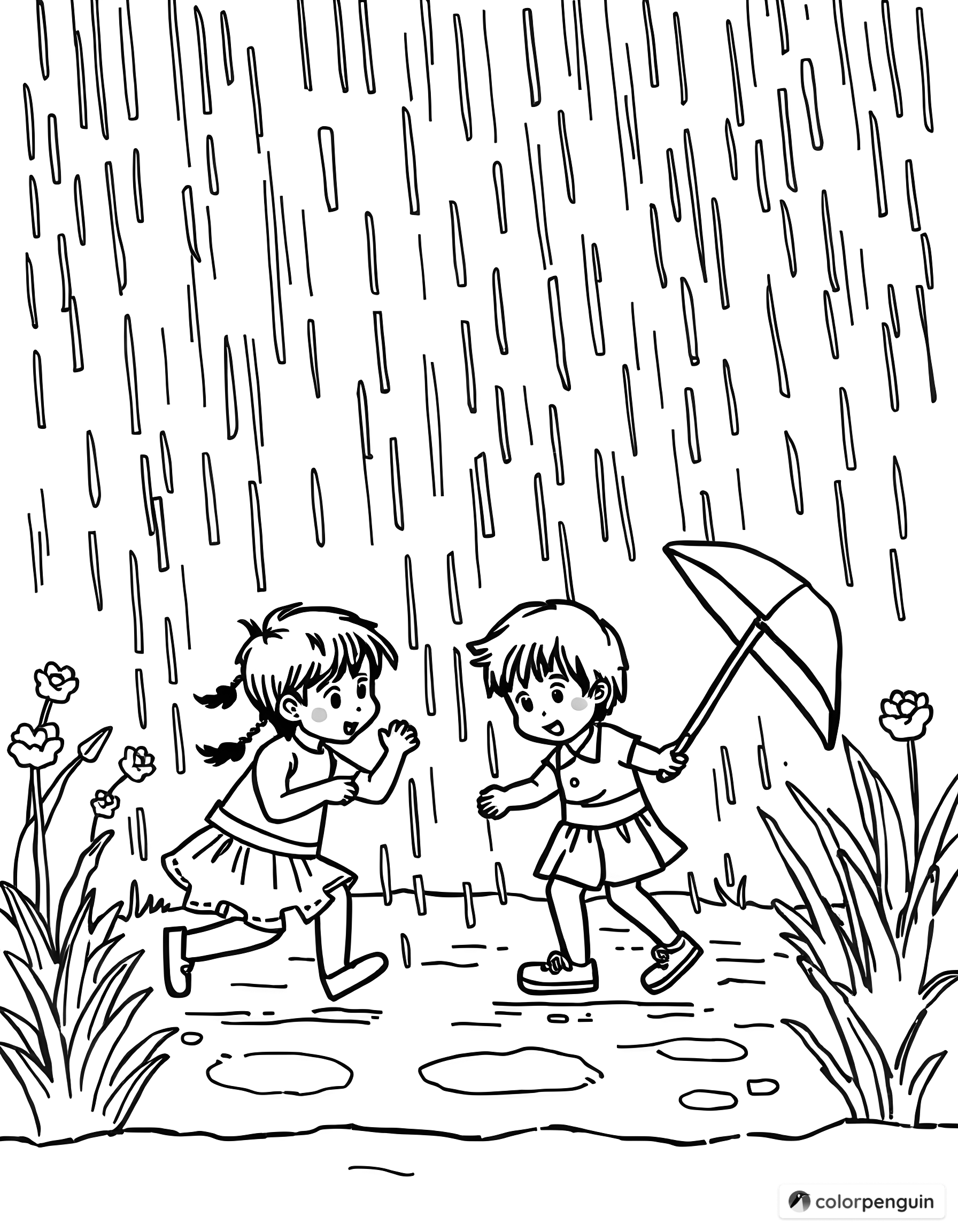 Kids Playing In The Rain Coloring Page