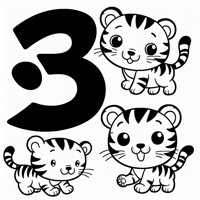 Number 3 With Tiger Coloring Page
