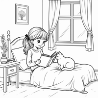 A Girl In A Cozy Room Reading With A Cat On The... Coloring Page