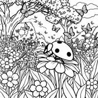 A Ladybug In A Garden Full Of Flowers And Trees Coloring Page